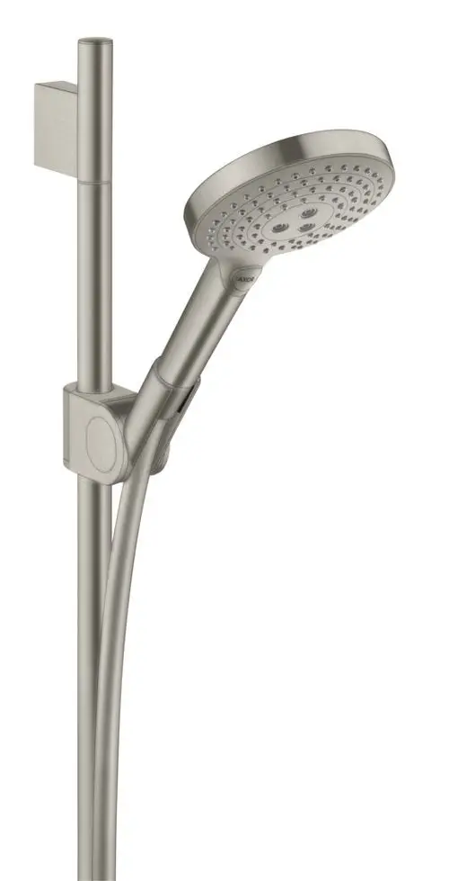 Brauseset mit Handbrause und Edelstahl-Optik von AXOR, montiert an einem Halter, integriert in eine vertikale Stange, mit flexiblem Schlauch für Anpassungsfähigkeit.